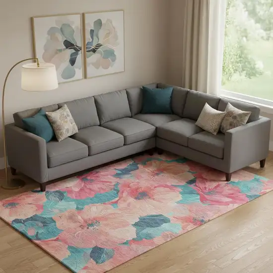 Salmon And Teal Floral Washable Area Rug With UV Protection Photo 2