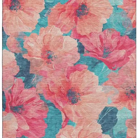 Salmon And Teal Floral Washable Area Rug With UV Protection Photo 2