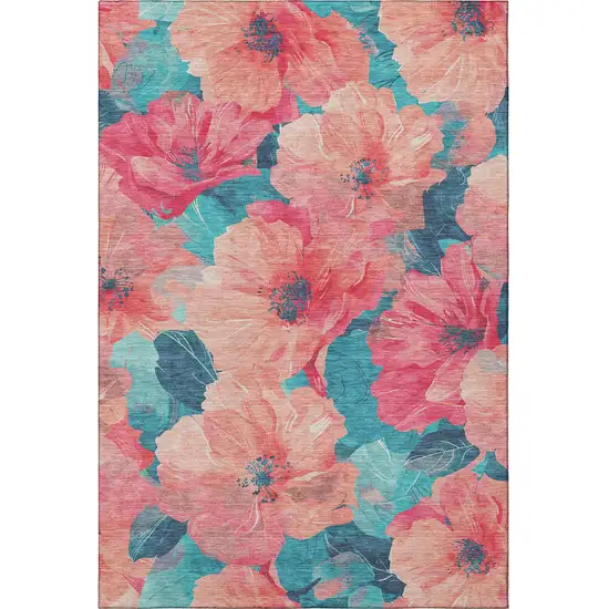 Salmon And Teal Floral Washable Area Rug With UV Protection Photo 3