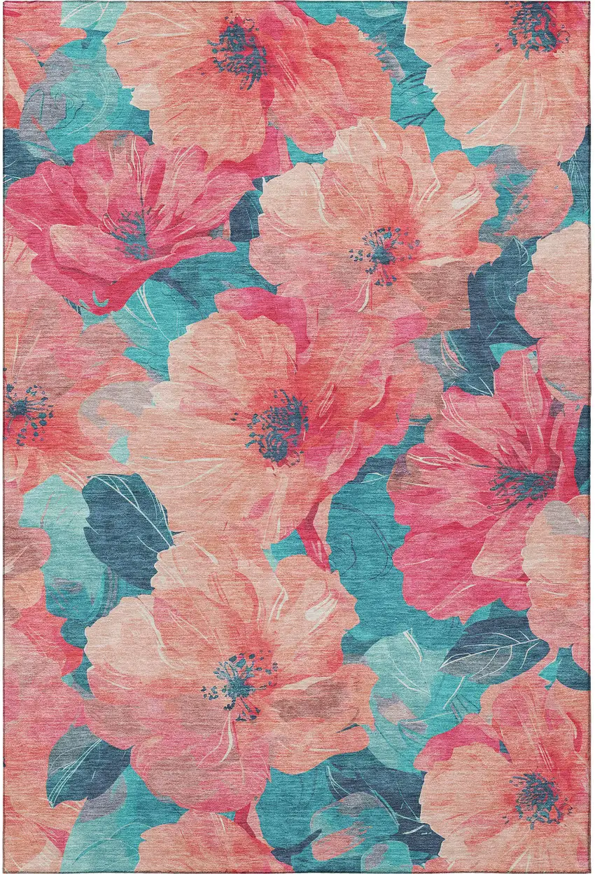 Salmon And Teal Floral Washable Area Rug With UV Protection Photo 3