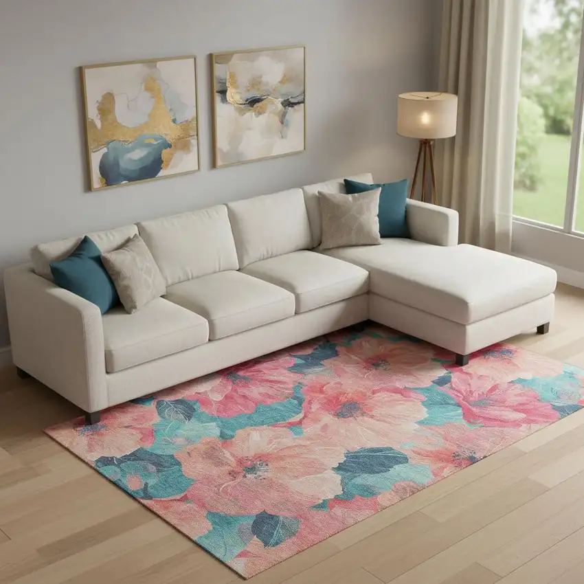 Salmon And Teal Floral Washable Area Rug With UV Protection Photo 2