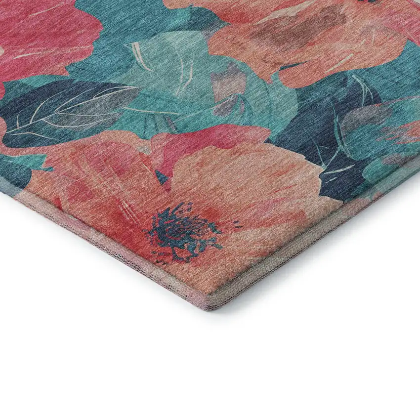 Salmon And Teal Floral Washable Area Rug With UV Protection Photo 7