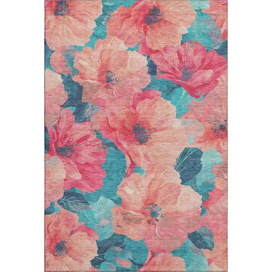 Salmon And Teal Floral Washable Area Rug With UV Protection Photo 1