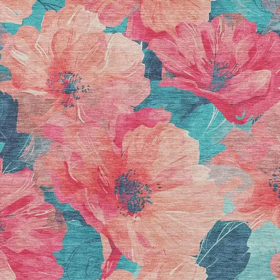 Salmon And Teal Floral Washable Area Rug With UV Protection Photo 2