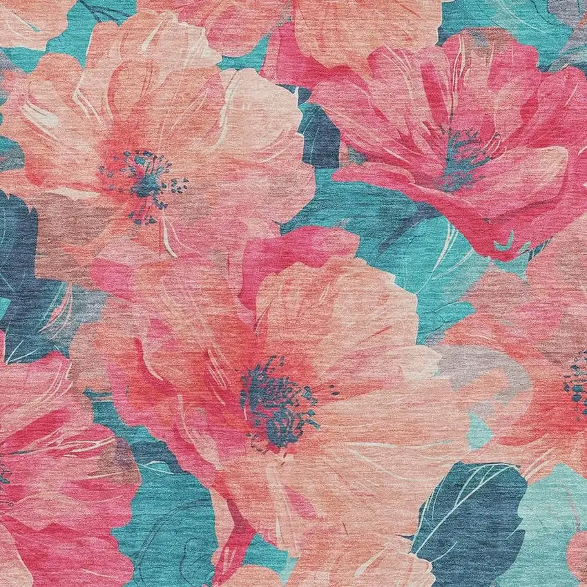 Salmon And Teal Floral Washable Area Rug With UV Protection Photo 2