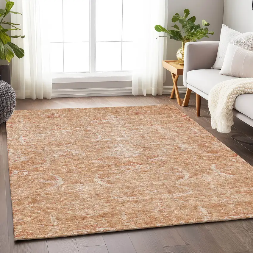 Salmon And Terra Cotta Damask Washable Indoor Outdoor Area Rug Photo 8