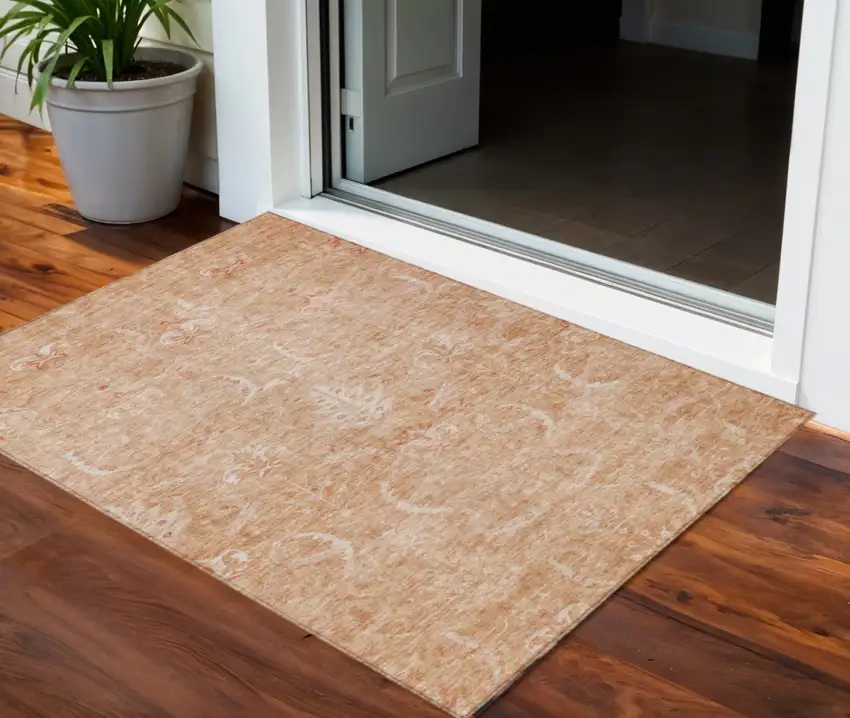 Salmon And Terra Cotta Damask Washable Indoor Outdoor Area Rug Photo 1