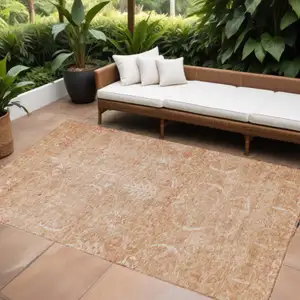 Photo of Salmon And Terra Cotta Damask Washable Indoor Outdoor Area Rug