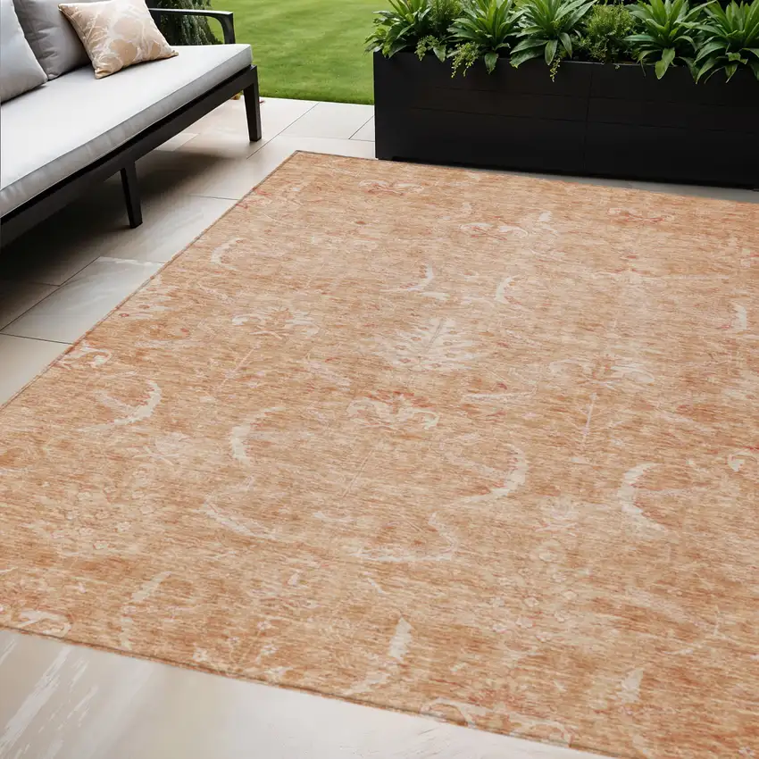 Salmon And Terra Cotta Damask Washable Indoor Outdoor Area Rug Photo 1