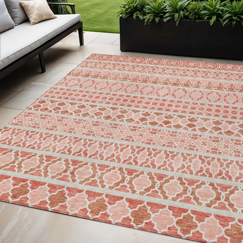 Salmon Beige And Copper Quatrefoil Washable Indoor Outdoor Area Rug Photo 1