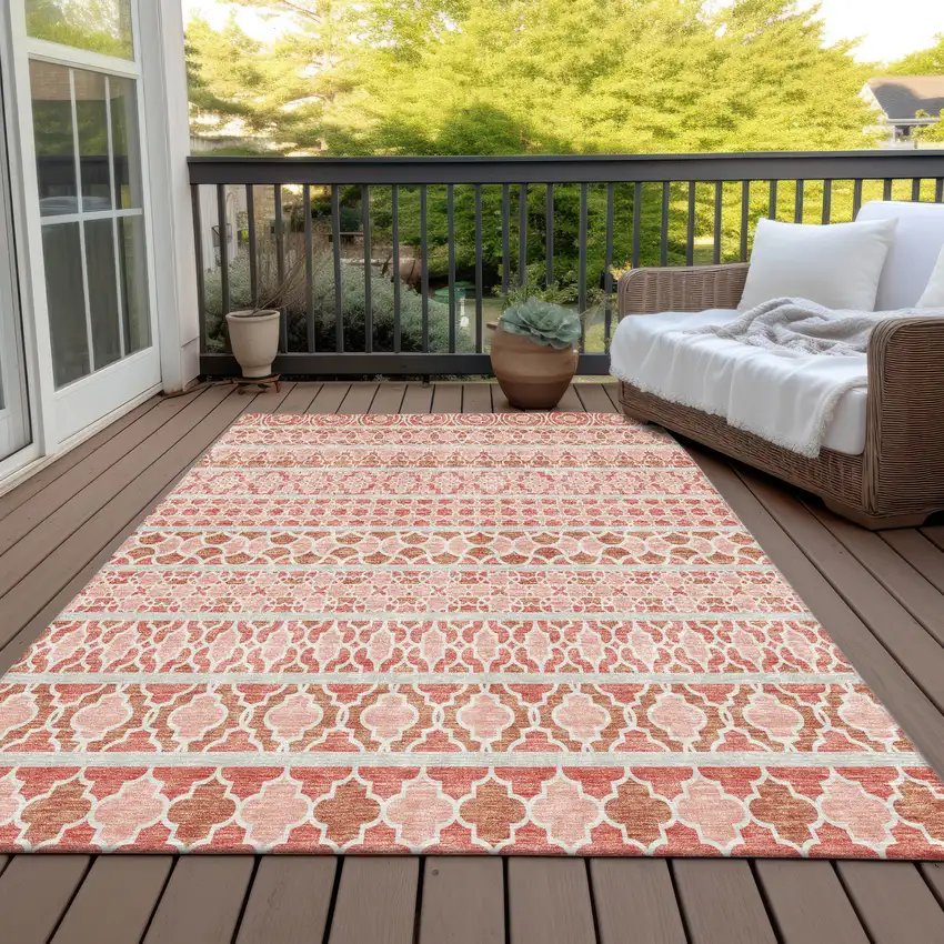 Salmon Beige And Copper Quatrefoil Washable Indoor Outdoor Area Rug Photo 7