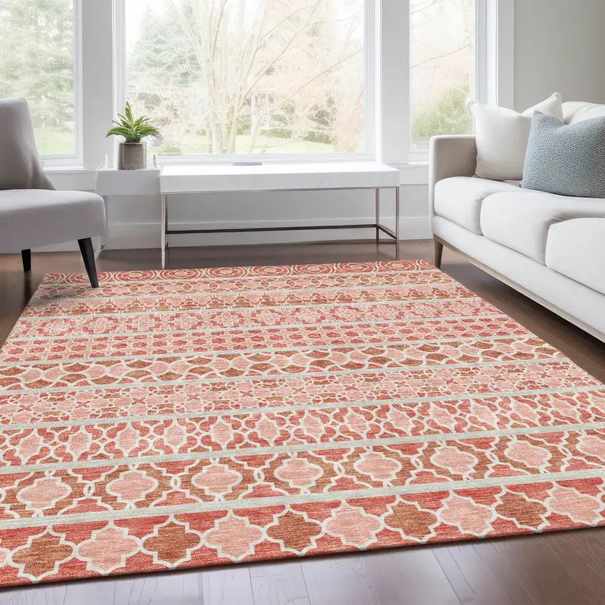 Salmon Beige And Copper Quatrefoil Washable Indoor Outdoor Area Rug Photo 7