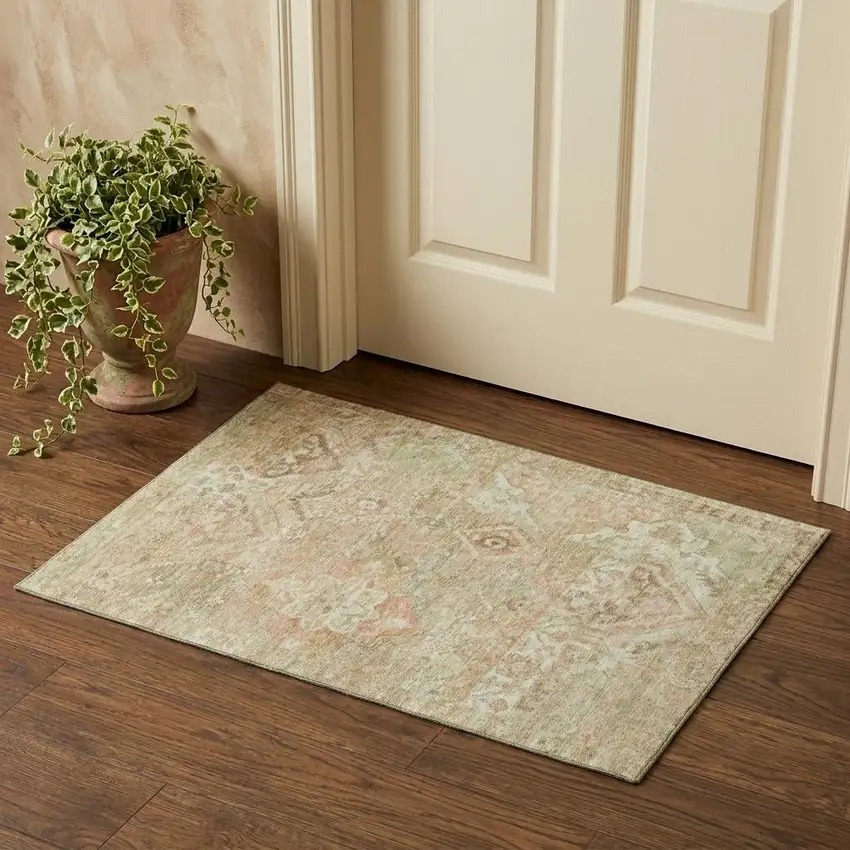 Salmon Beige And Coral Floral Washable Area Rug With UV Protection Photo 1