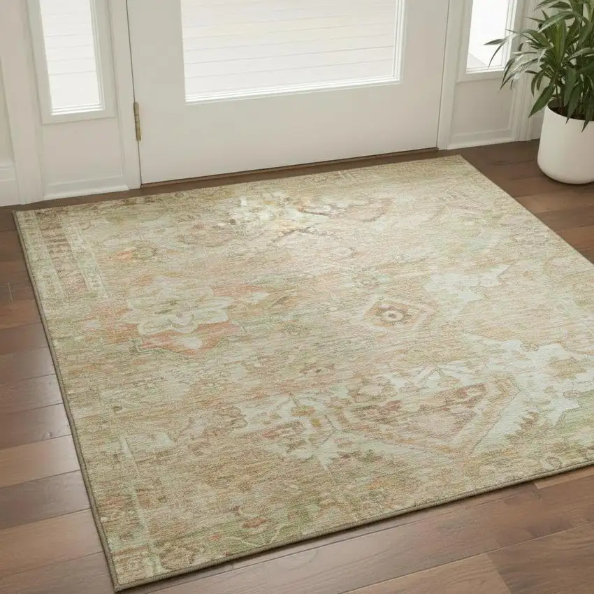 Salmon Beige And Coral Floral Washable Area Rug With UV Protection Photo 2