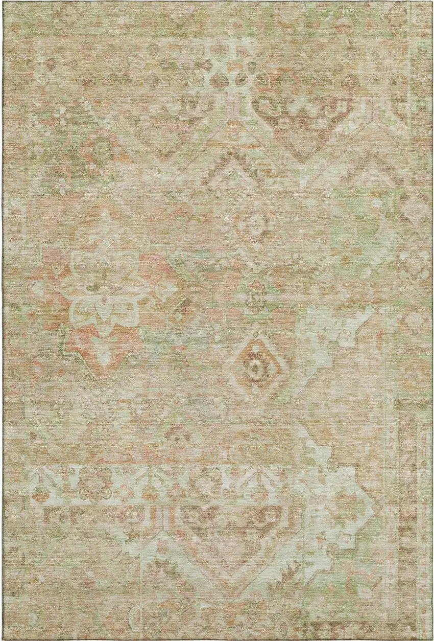 Salmon Beige And Coral Floral Washable Area Rug With UV Protection Photo 1