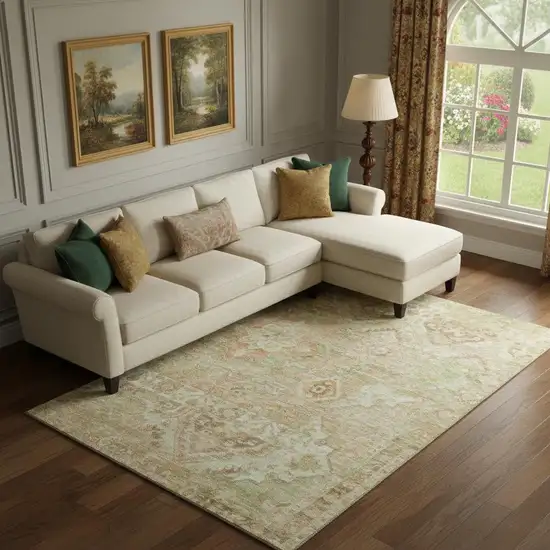 Salmon Beige And Coral Floral Washable Area Rug With UV Protection Photo 2