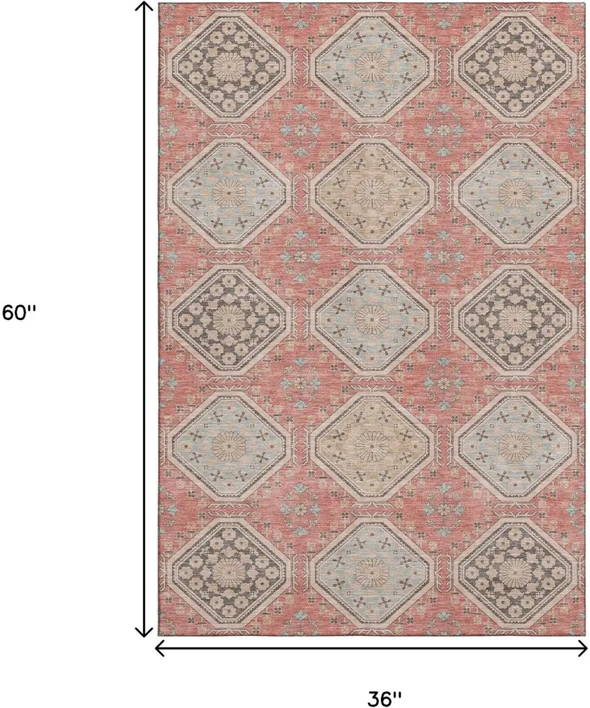 Salmon Beige And Gray Floral Washable Area Rug With UV Protection Photo 3
