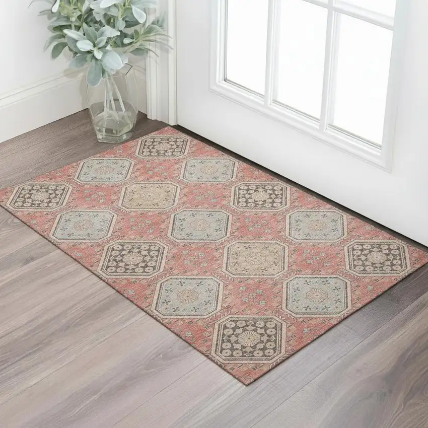 Salmon Beige And Gray Floral Washable Area Rug With UV Protection Photo 2