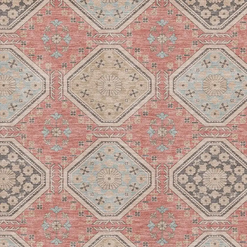 Salmon Beige And Gray Floral Washable Area Rug With UV Protection Photo 2