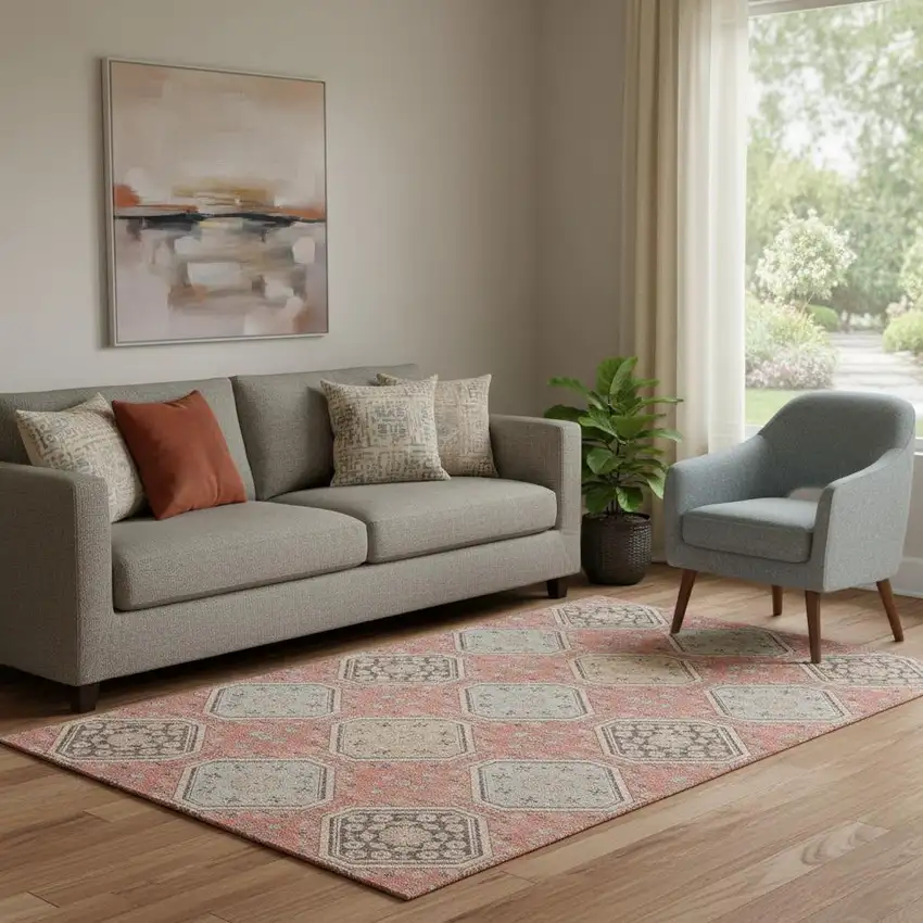 Salmon Beige And Gray Floral Washable Area Rug With UV Protection Photo 2