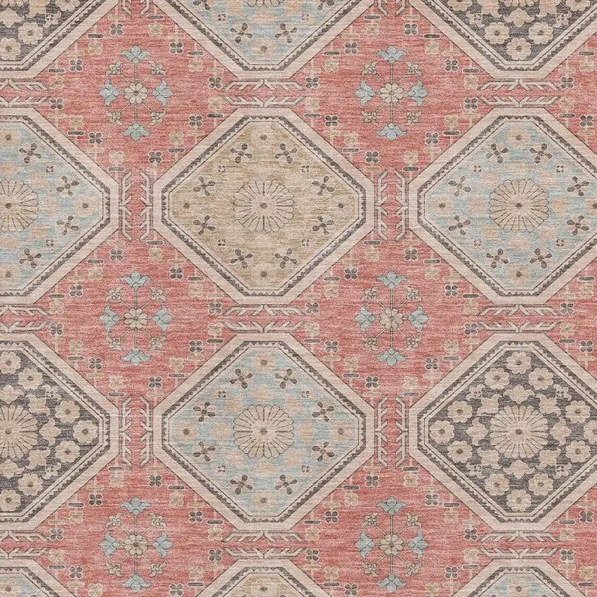 Salmon Beige And Gray Floral Washable Area Rug With UV Protection Photo 2