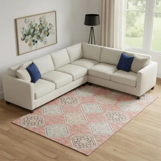 Salmon Beige And Gray Floral Washable Area Rug With UV Protection Photo 2