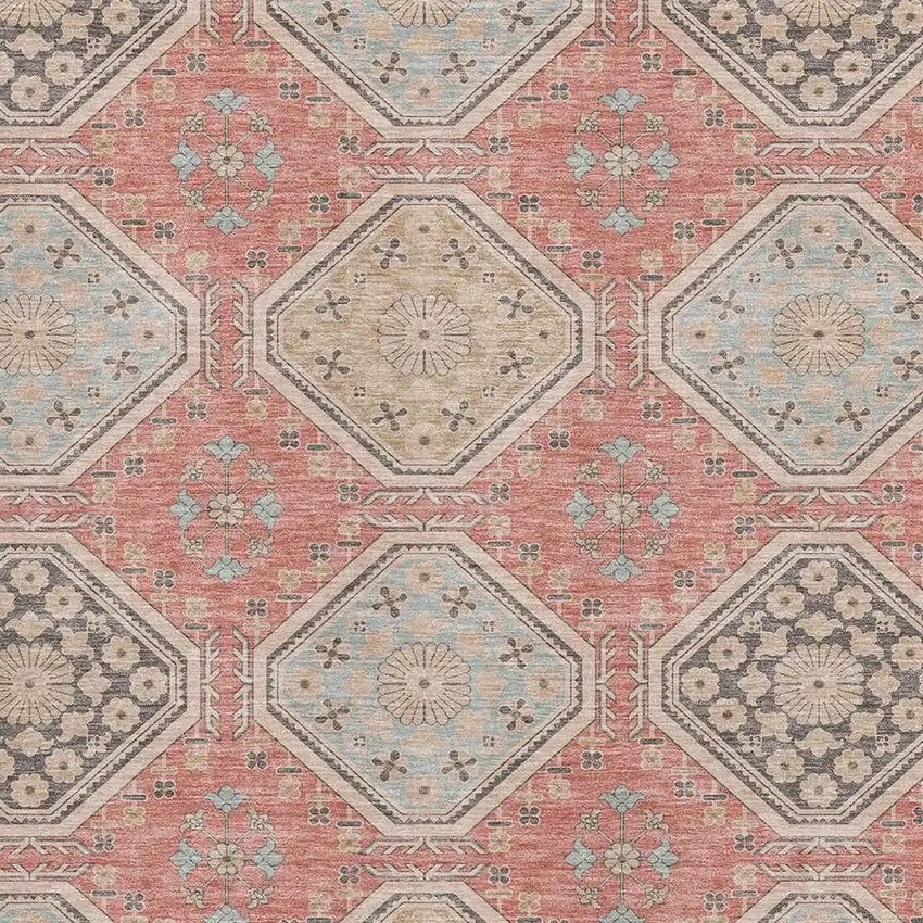 Salmon Beige And Gray Floral Washable Area Rug With UV Protection Photo 2