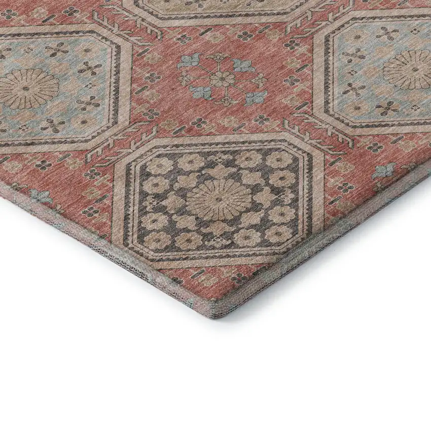 Salmon Beige And Gray Floral Washable Area Rug With UV Protection Photo 8