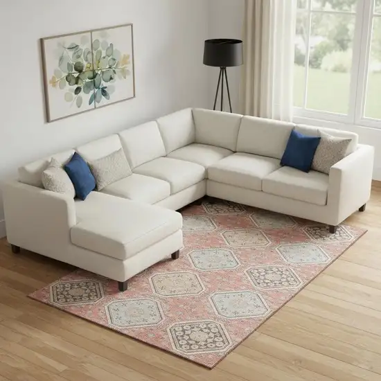 Salmon Beige And Gray Floral Washable Area Rug With UV Protection Photo 2