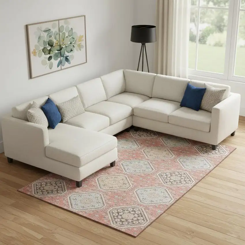 Salmon Beige And Gray Floral Washable Area Rug With UV Protection Photo 2