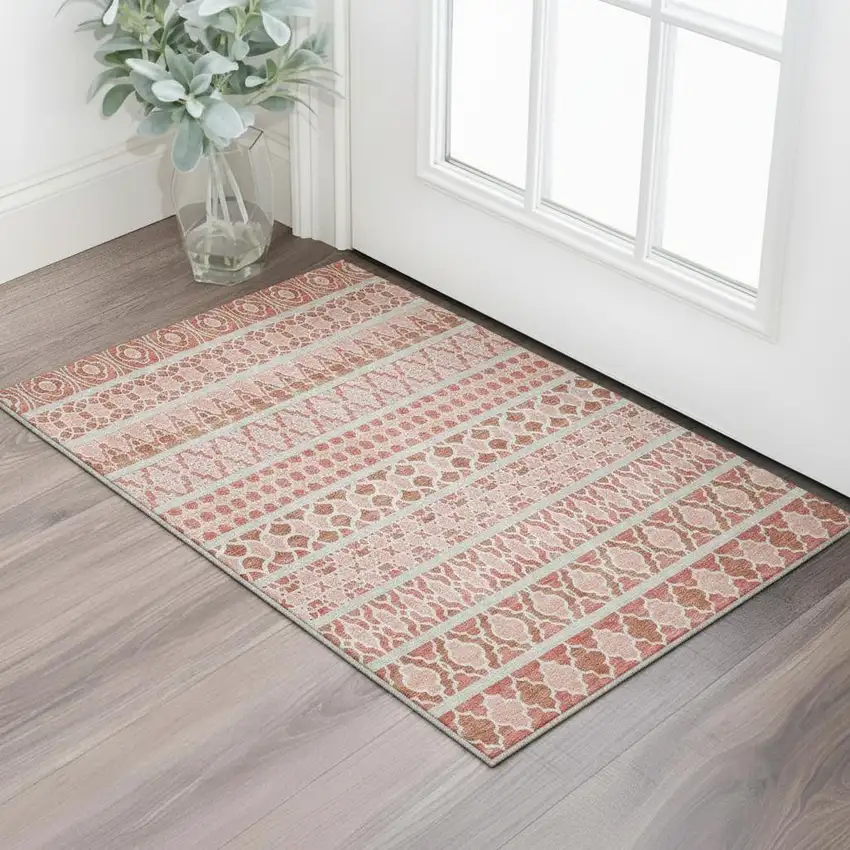 Salmon Beige And Ivory Ikat Washable Area Rug With UV Protection Photo 2