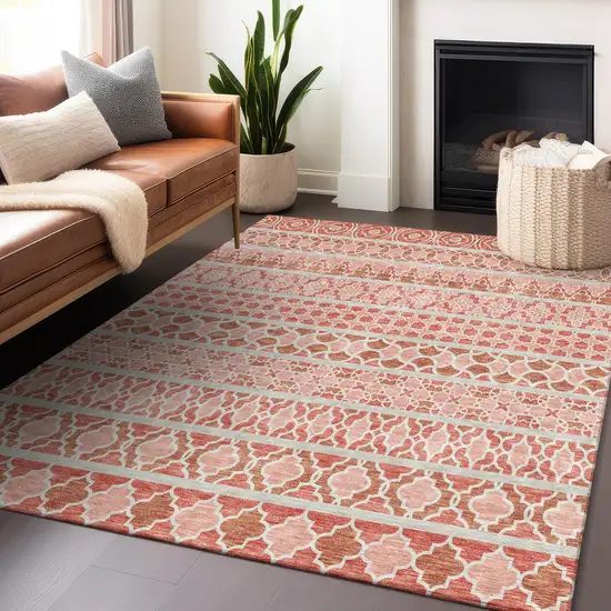 Salmon Beige And Ivory Ikat Washable Area Rug With UV Protection Photo 6