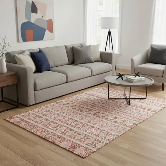 Salmon Beige And Ivory Ikat Washable Area Rug With UV Protection Photo 2