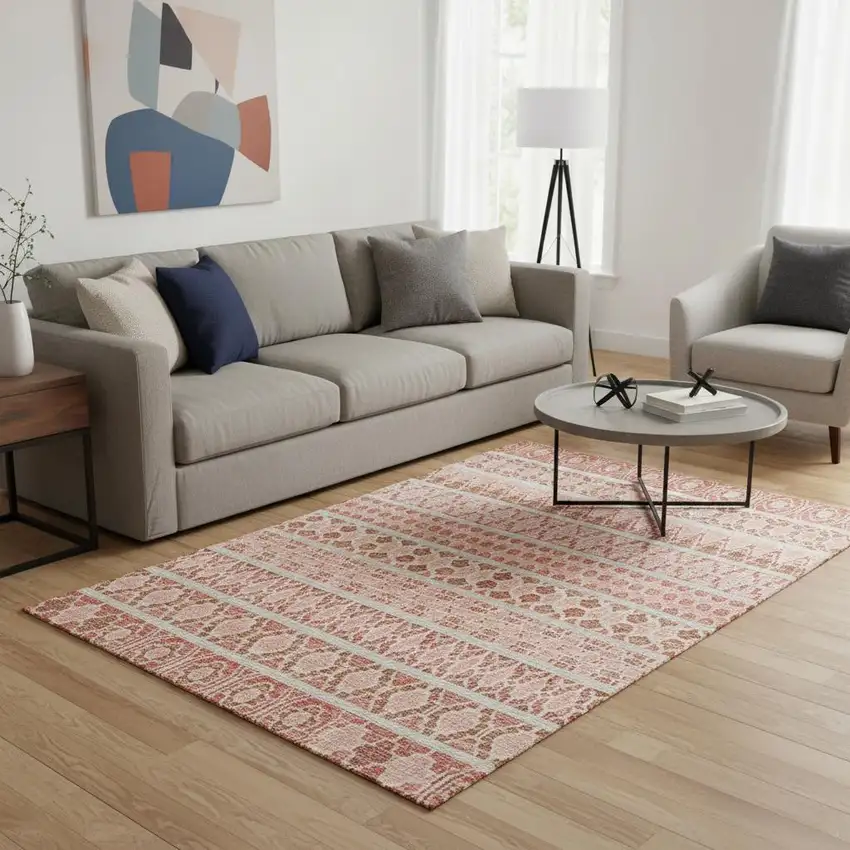 Salmon Beige And Ivory Ikat Washable Area Rug With UV Protection Photo 2