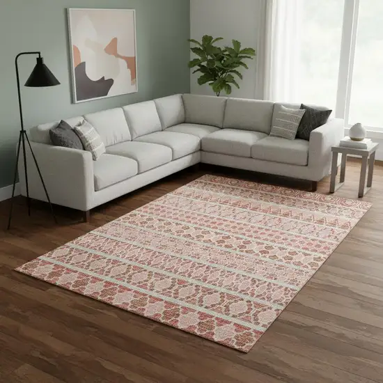 Salmon Beige And Ivory Ikat Washable Area Rug With UV Protection Photo 2