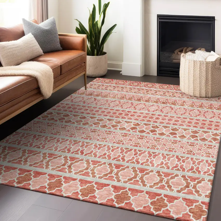 Salmon Beige And Ivory Ikat Washable Area Rug With UV Protection Photo 6