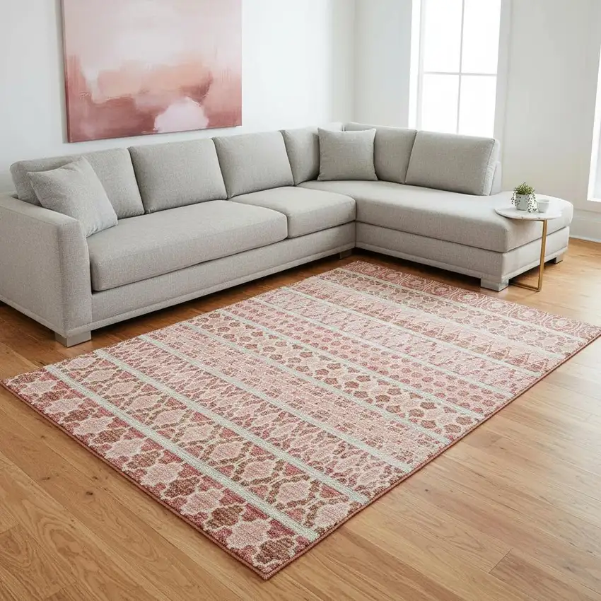 Salmon Beige And Ivory Ikat Washable Area Rug With UV Protection Photo 2