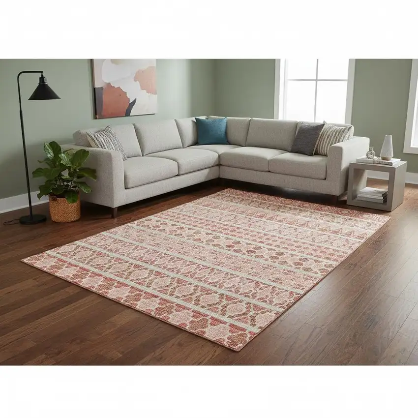 Salmon Beige And Ivory Ikat Washable Area Rug With UV Protection Photo 2
