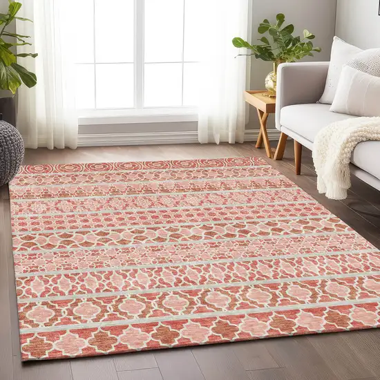Salmon Beige And Ivory Ikat Washable Area Rug With UV Protection Photo 4