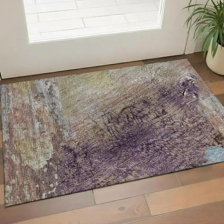 Salmon Blue And Gold Abstract Washable Area Rug With UV Protection Photo 2