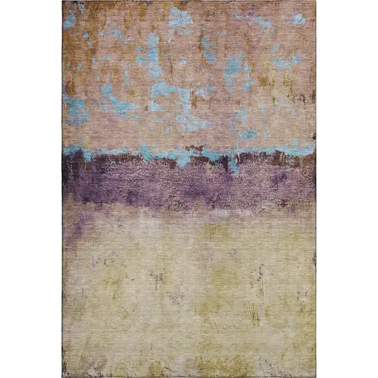 Salmon Blue And Gold Abstract Washable Area Rug With UV Protection Photo 7