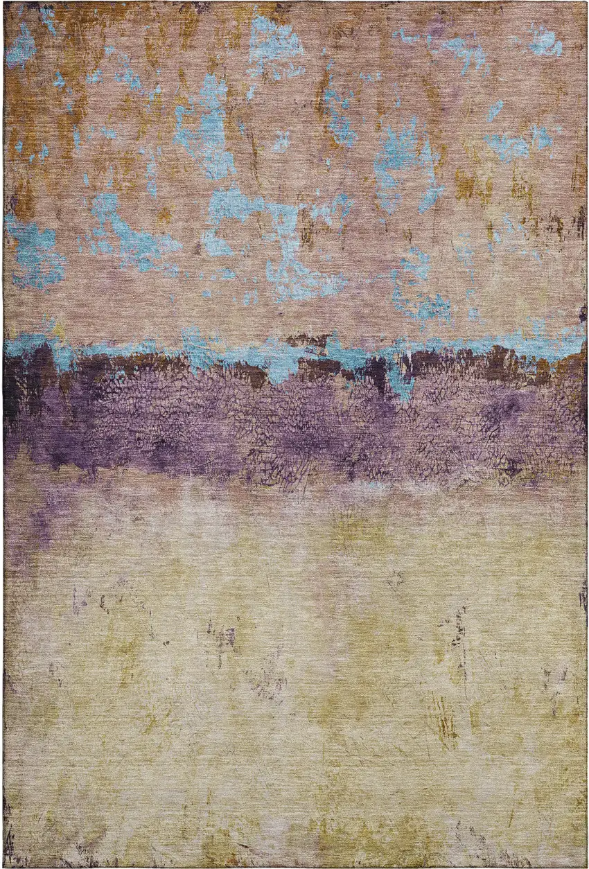 Salmon Blue And Gold Abstract Washable Area Rug With UV Protection Photo 7