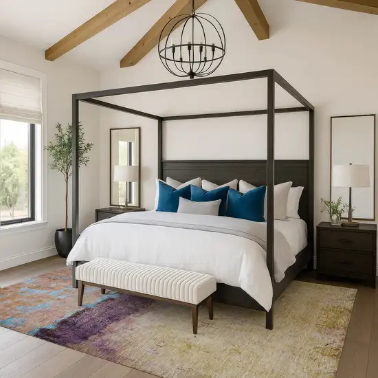 Salmon Blue And Gold Abstract Washable Area Rug With UV Protection Photo 3