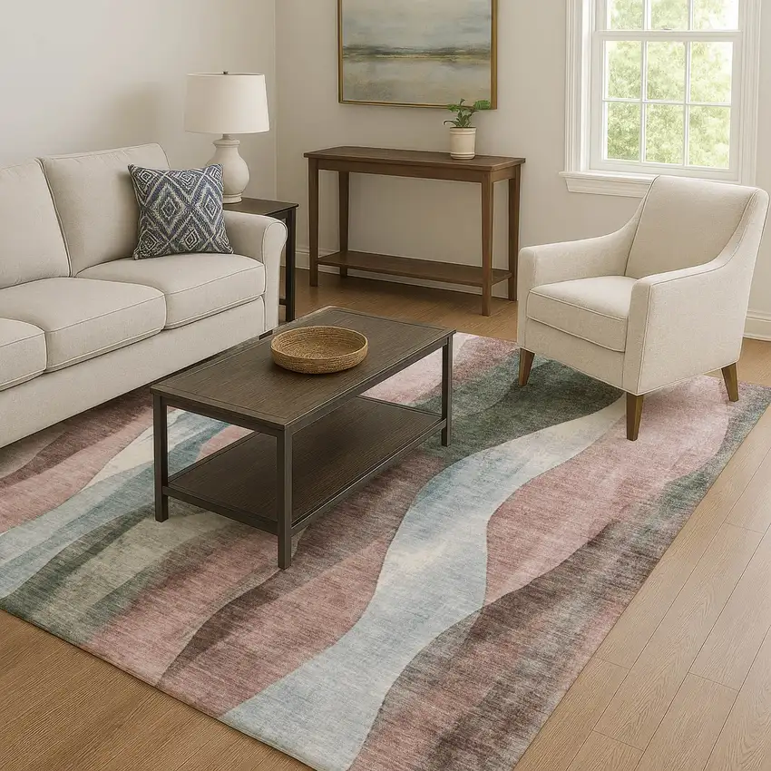 Salmon Blue And Mauve Abstract Washable Area Rug With UV Protection Photo 6