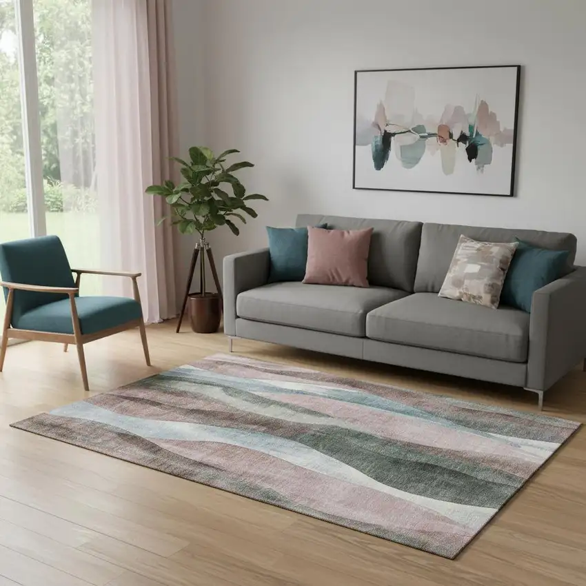 Salmon Blue And Mauve Abstract Washable Area Rug With UV Protection Photo 2