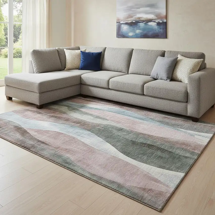 Salmon Blue And Mauve Abstract Washable Area Rug With UV Protection Photo 2
