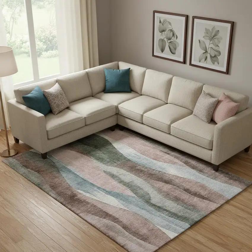 Salmon Blue And Mauve Abstract Washable Area Rug With UV Protection Photo 2