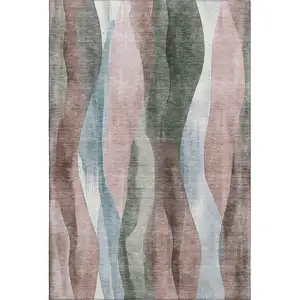 Photo of Salmon Blue And Mauve Abstract Washable Area Rug With UV Protection