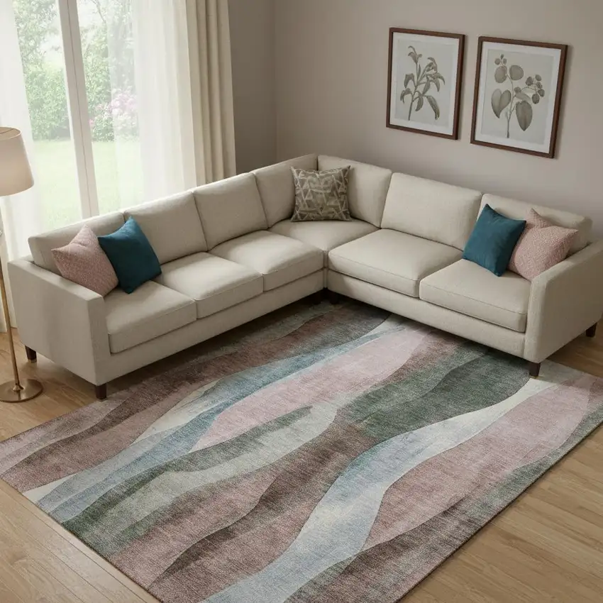 Salmon Blue And Mauve Abstract Washable Area Rug With UV Protection Photo 2