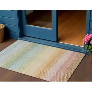 Photo of Salmon Blue And Peach Striped Washable Indoor Outdoor Area Rug